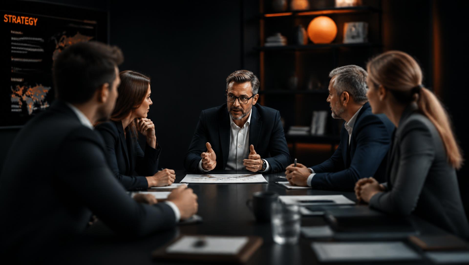 Reunião de liderança empresarial discutindo estratégia